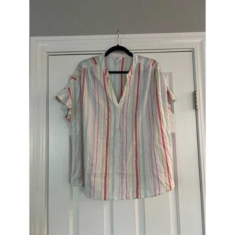 Crown & Ivy White Colorful Stripe‎ Woven Linen Blend Top Sz Large Ruffle Sleeve